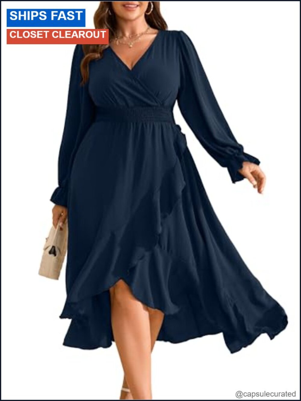 Plus Size Wedding Guest Maxi Dress V Neck High Low Cocktail Long Sleeve